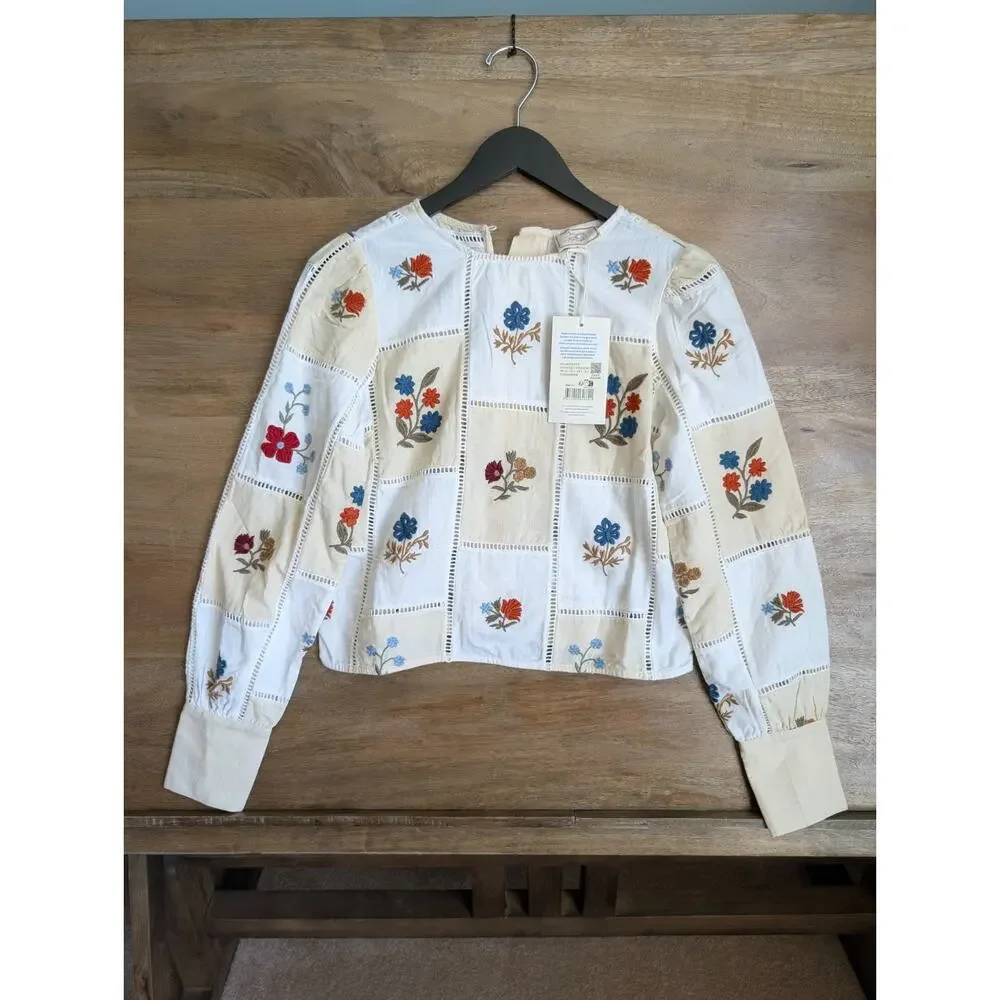 NWT Sézane x Baziszt Flaminette Shirt Women 2 34 White Floral Lace Trim - Picture 1 of 5